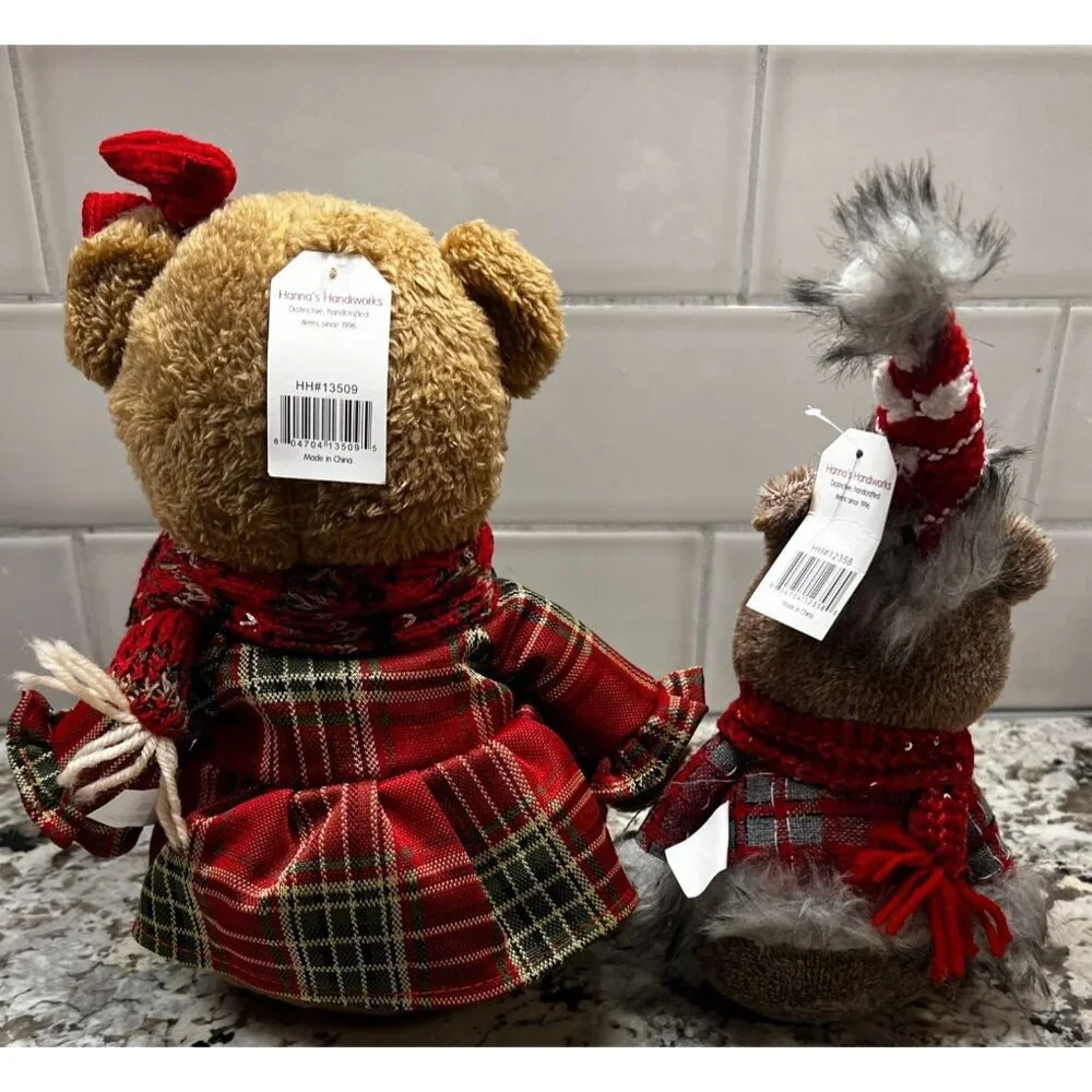 Hanna's Handiworks Holiday Teddy Bear Duo Set With Plaid Dress & Red Scarf Plush
